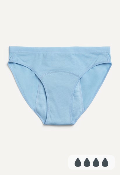 Light blue period underwear for heavy periods for teenagers and girls.